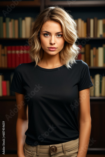 Woman with blonde hair standing in front of book shelf.