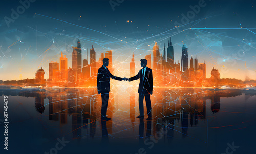 Two businessmen holding hands in front of a building amidst people