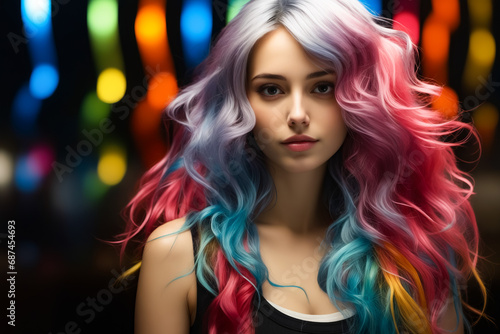 Woman with long, colorful hair and black top. © valentyn640