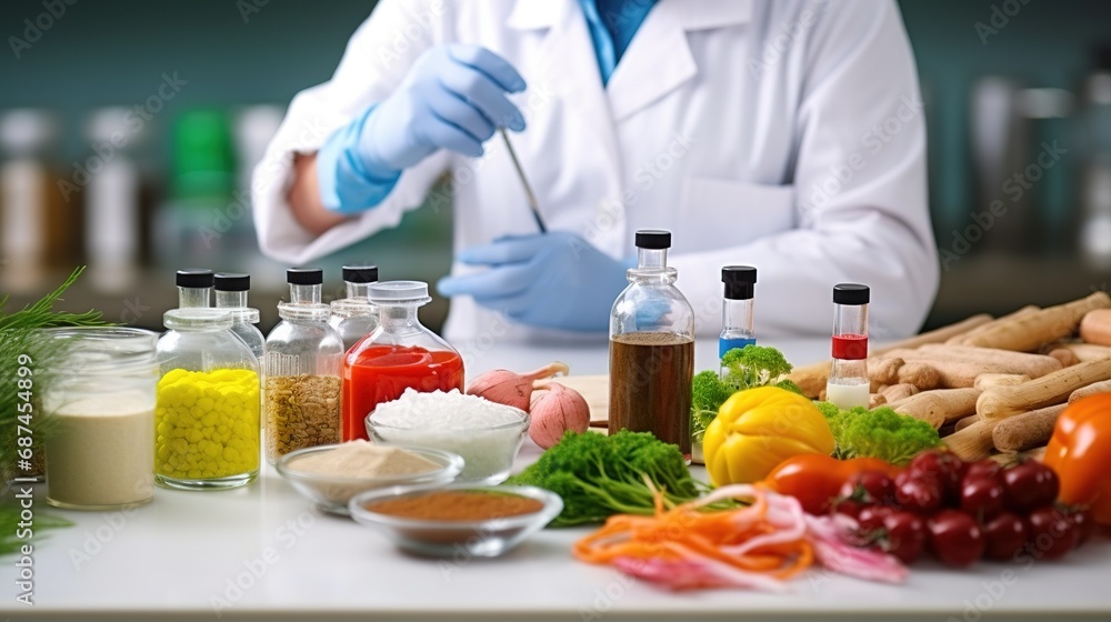 Food Scientist Conducting Research with Fresh Ingredients Food Scientist Conducting Research with Fresh Ingredients