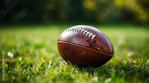 Close-up of an American football ball on grass