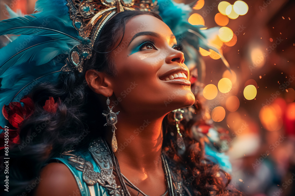Mujer joven disfrazada para el carnaval, con vestido intrincado y espectacular, iluminación de ensueño, plumajes y vestidos exóticos Mujer joven disfrazada para el carnaval, con vestido intrincado y espectacular, iluminación de ensueño, plumajes y vestidos exóticos