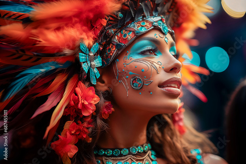 Mujer joven disfrazada para el carnaval, con vestido intrincado y espectacular, iluminación de ensueño, plumajes y vestidos exóticos