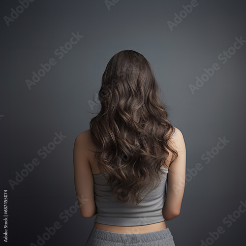 a woman's head from the rear perspective, showcasing her naturally long and curly hair. Generative AI. photo