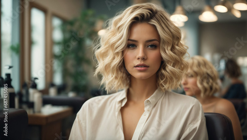 Beautiful blonde young woman model with curly hairstyle sitting on the chair in beauty salon. generative ai