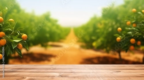 Orange Orchard View from Wooden Table Perspective photo
