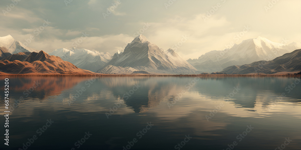  A mountain landscape with a lake and a mountain in the background Majestic Mountains 3d Rendered Lake Mirrors Mountain Reflection  Backgrounds AI Generative 