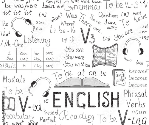 Educational "back to school" vector seamless pattern with English language verbs, phrases, rules 