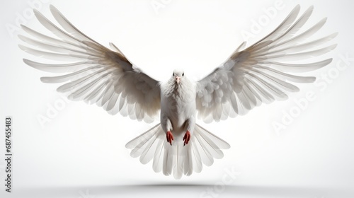 A white dove isolated against a pure white backdrop photo
