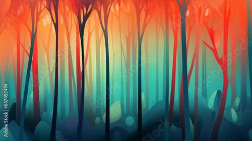 Motif bleus et oranges, arbres et végétaux dans une forêt colorée, peinture numérique