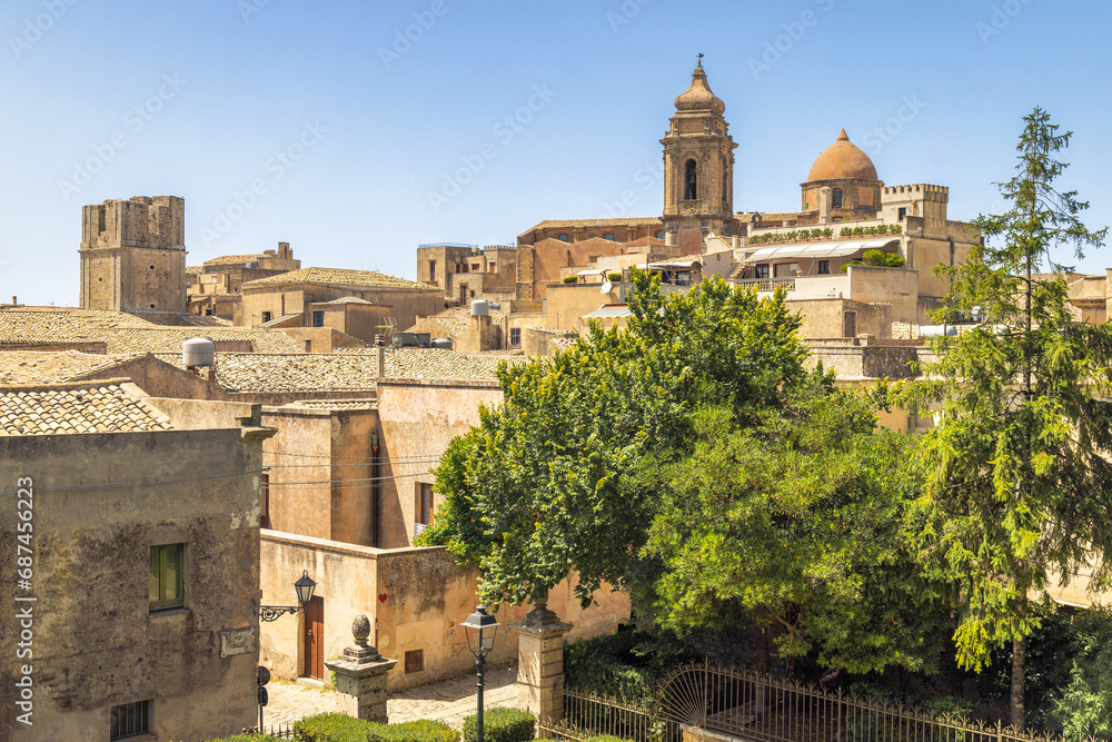 Historic stone building with Church of Saint Julian in Erice town in northwestern Sicily near Trapani, Italy, Europe.