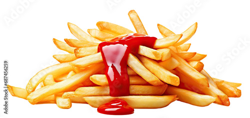Tomato ketchup pouring over delicious French potato fries, cut out photo