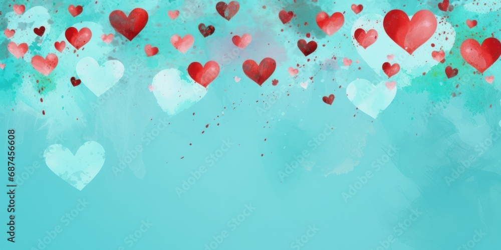 Red hearts on light turquoise background, Valentine's Day card background, space for text