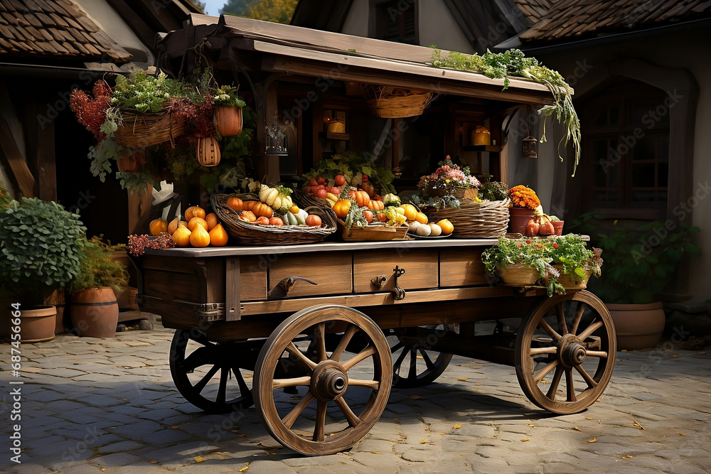 Harvest Splendor: Rustic Market Cart Overflowing with Autumn Bounty
