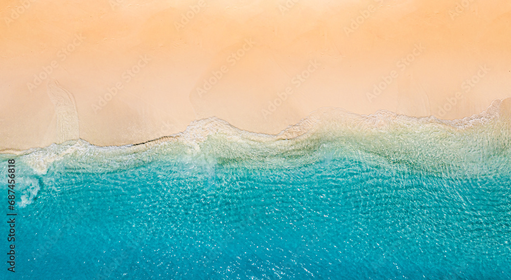 Relaxing aerial beach scene, summer vacation holiday template banner. Waves surf with amazing blue ocean lagoon, sea shore, coastline. Perfect aerial drone top view. Peaceful bright beach, seaside - obrazy, fototapety, plakaty 