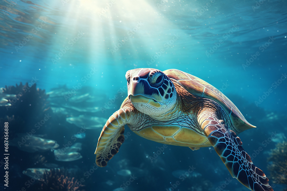 Obraz premium the close up of a loggerhead sea turtle swims in the turquoise aquatic sea with many fishes under the lights shining through the wave surface. Generative AI.