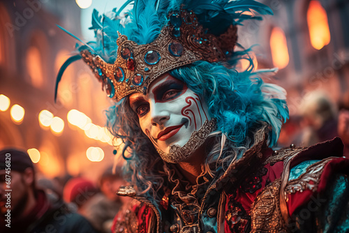 Gente disfrazada para el carnaval festival de Venecia, con sus mascaras pintorescas por las calles y plazas Venecianas, bokeh de fondos con luces artificiales photo