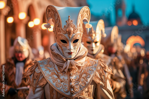 Gente disfrazada para el carnaval festival de Venecia, con sus mascaras pintorescas por las calles y plazas Venecianas, bokeh de fondos con luces artificiales