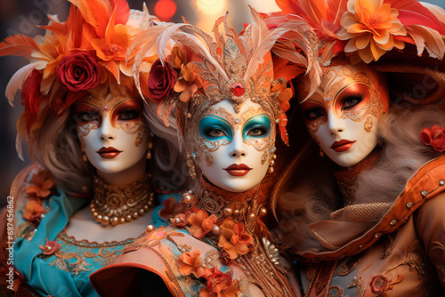 Gente disfrazada para el carnaval festival de Venecia, con sus mascaras pintorescas por las calles y plazas Venecianas, bokeh de fondos con luces artificiales