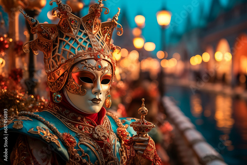 Gente disfrazada para el carnaval festival de Venecia, con sus mascaras pintorescas por las calles y plazas Venecianas, bokeh de fondos con luces artificiales