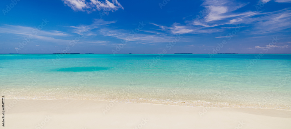 Tranquil seascape. Relaxing sunny beach empty summer vacation holiday banner. Waves surf with amazing blue ocean lagoon, sea shore, coastline. Beautiful bright beach, seaside copy space text ready Tranquil seascape. Relaxing sunny beach empty summer vacation holiday banner. Waves surf with amazing blue ocean lagoon, sea shore, coastline. Beautiful bright beach, seaside copy space text ready