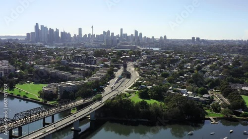 Parramatta river Iron Cove bridge in Sydney – aerial panorama Rozelle as 4k.
 photo