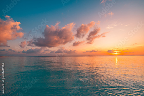 Panoramic sea skyline beach. Amazing sunrise beach landscape. Panorama of tropical beach seascape horizon. Abstract colorful sunset sky light tranquil relax summer seascape freedom wide angle seascape photo