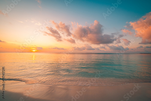 Sea sand sky beach closeup. Panoramic island landscape. Inspire tropical beach seascape shore horizon. Colorful sunset sky calmness tranquil relaxing sunlight summer coast. Vacation travel holiday 