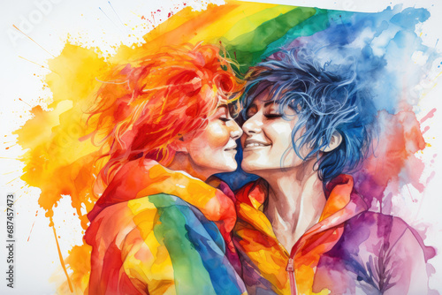 Lesbian couple under the rainbow flag of lgtbq gay pride, watercolor, illustration, painting, drawing created by AI