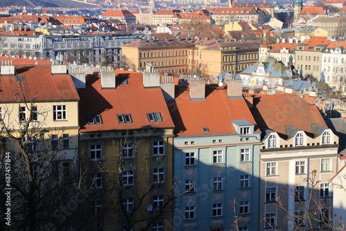 European roof top houses under the blue sky