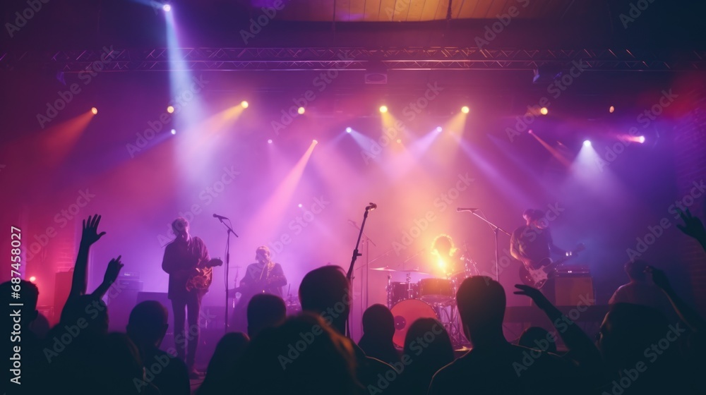 Fun music concert. Popular band star sing song. Happy fans people enjoy rock festival. Night club rave life. Disco show. Beautiful neon life. Musician man live perform. Singer play guitar silhouette. - obrazy, fototapety, plakaty 