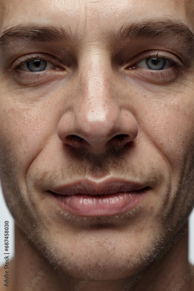 A close-up portrait of a handsome 40-year-old man with short hair, blue eyes, beard and mustache looking at the camera on a gray background. A close-up portrait of a handsome 40-year-old man with short hair, blue eyes, beard and mustache looking at the camera on a gray background.