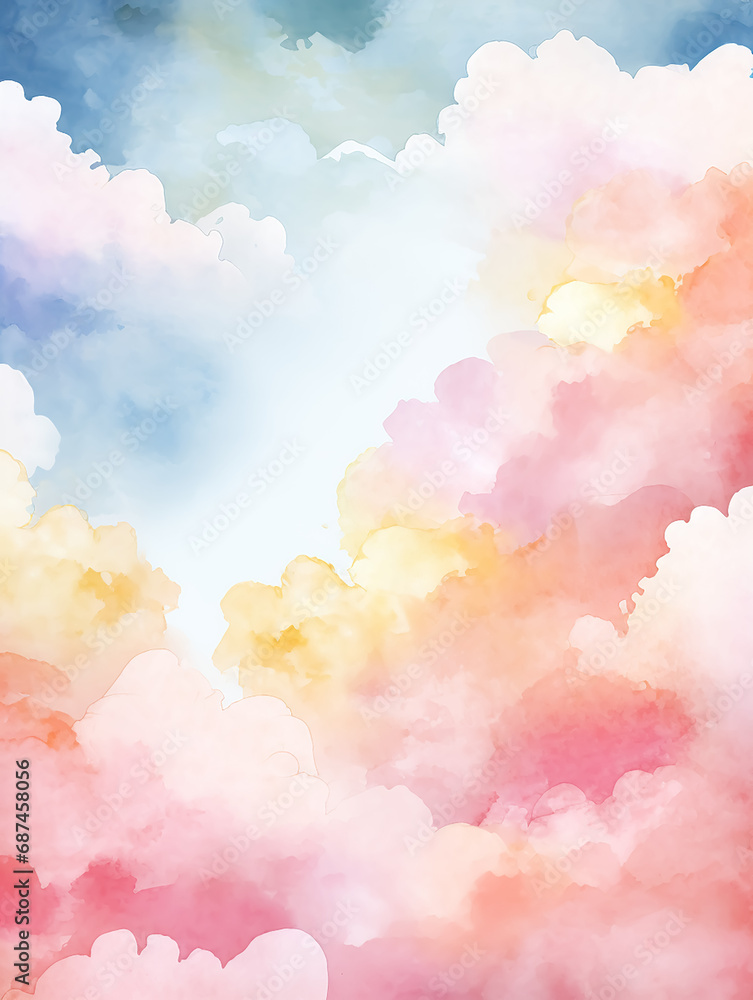 Obraz premium Watercolor sky background clouds pattern pastel multicolor cosmos illustration nebula wallpaper for invitation or card making