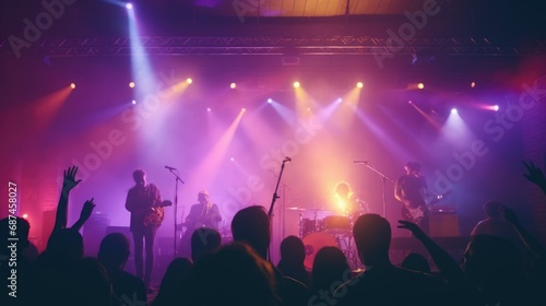 Fun music concert. Popular band star sing song. Happy fans people enjoy rock festival. Night club rave life. Disco show. Beautiful neon life. Musician man live perform. Singer play guitar silhouette. photo