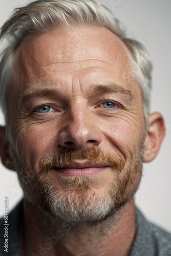 Close-up of a portert of a handsome gray-haired smiling man of 50-60 years old with blue eyes looking at the camera. A direct look, a smile, emotions.