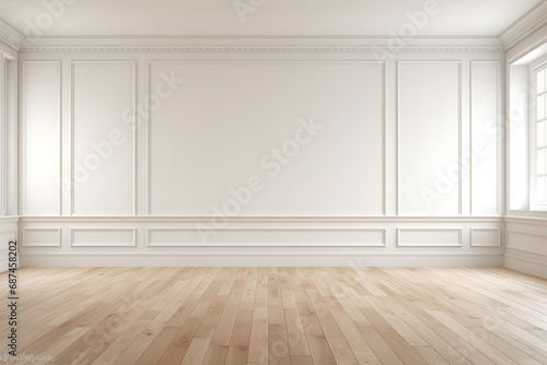 View of white empty room, a summer landscape 3D illustration epitomizes Scandinavian interior design, offering a sense of relaxation and calmness. Ideal for showcasing interior concepts. 