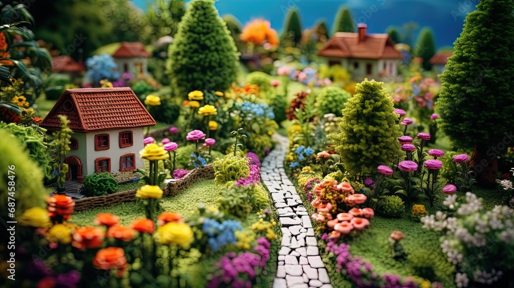 picturesque garden with a tilt-shift effect, where flowers turn into wonderful miniatures of nature