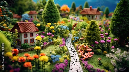 picturesque garden with a tilt-shift effect  where flowers turn into wonderful miniatures of nature
