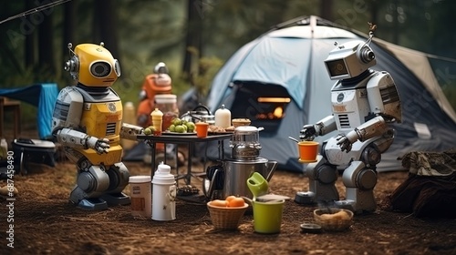 camping, where robots help with the installation of the camp, cooking and ensuring safety photo