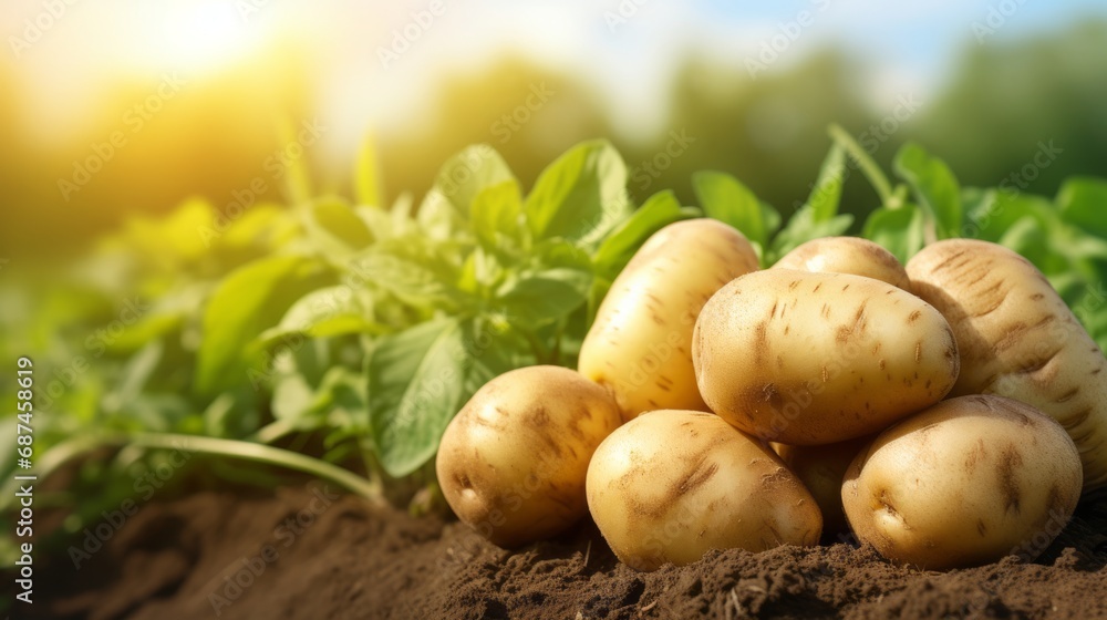 Fresh organic potatoes in the field, close up.with copy space for text Fresh organic potatoes in the field, close up.with copy space for text