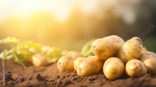 Fresh organic potatoes in the field  close up.with copy space for text