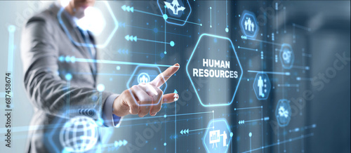 Fototapeta Naklejka Na Ścianę i Meble -  Human Resources HR management Recruitment Concept. Businessman clicks icon