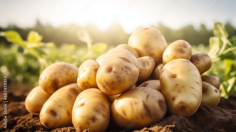 Fresh organic potatoes in the field, close up.with copy space for text Fresh organic potatoes in the field, close up.with copy space for text