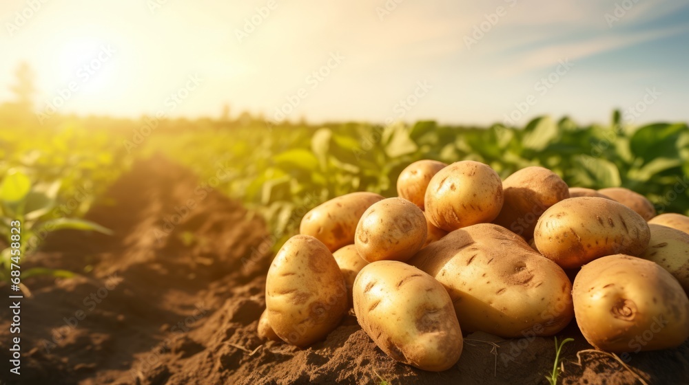 Fresh organic potatoes in the field, close up.with copy space for text Fresh organic potatoes in the field, close up.with copy space for text
