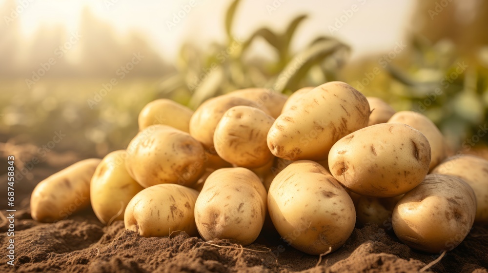 Fresh organic potatoes in the field, close up.with copy space for text Fresh organic potatoes in the field, close up.with copy space for text