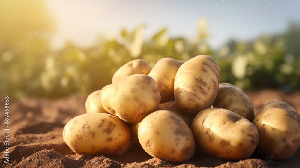 Fresh organic potatoes in the field, close up.with copy space for text Fresh organic potatoes in the field, close up.with copy space for text