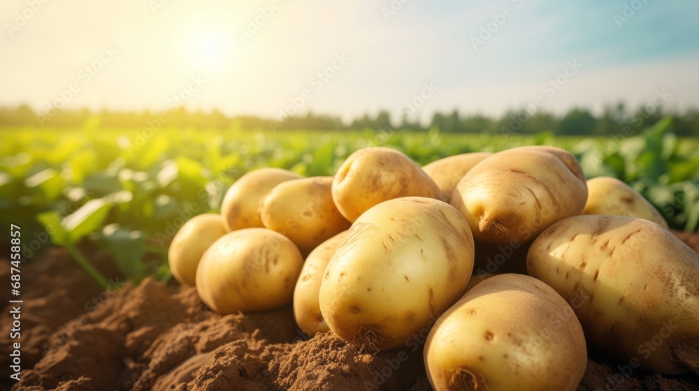 Fresh organic potatoes in the field, close up.with copy space for text Fresh organic potatoes in the field, close up.with copy space for text