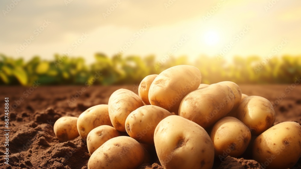 Fresh organic potatoes in the field, close up.with copy space for text Fresh organic potatoes in the field, close up.with copy space for text