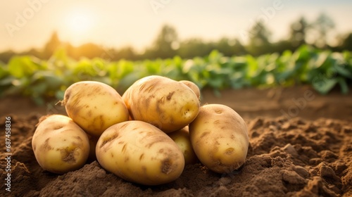 Fresh organic potatoes in the field  close up.with copy space for text