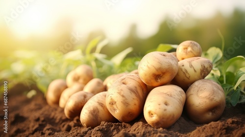 Fresh organic potatoes in the field  close up.with copy space for text